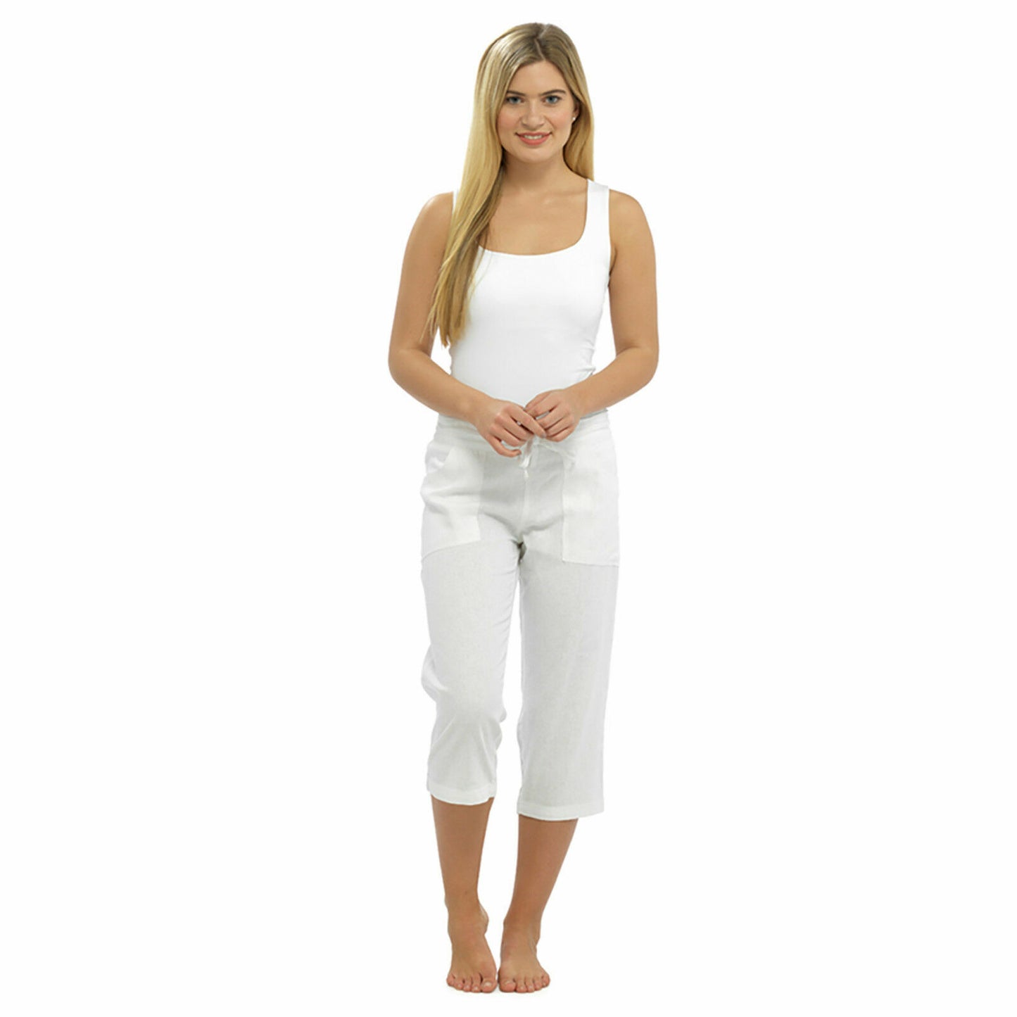 WOMENS LINEN 3/4 CROPPED TROUSERS SUMMER CAPRI PANTS LIGHTWEIGHT RELAXED FIT