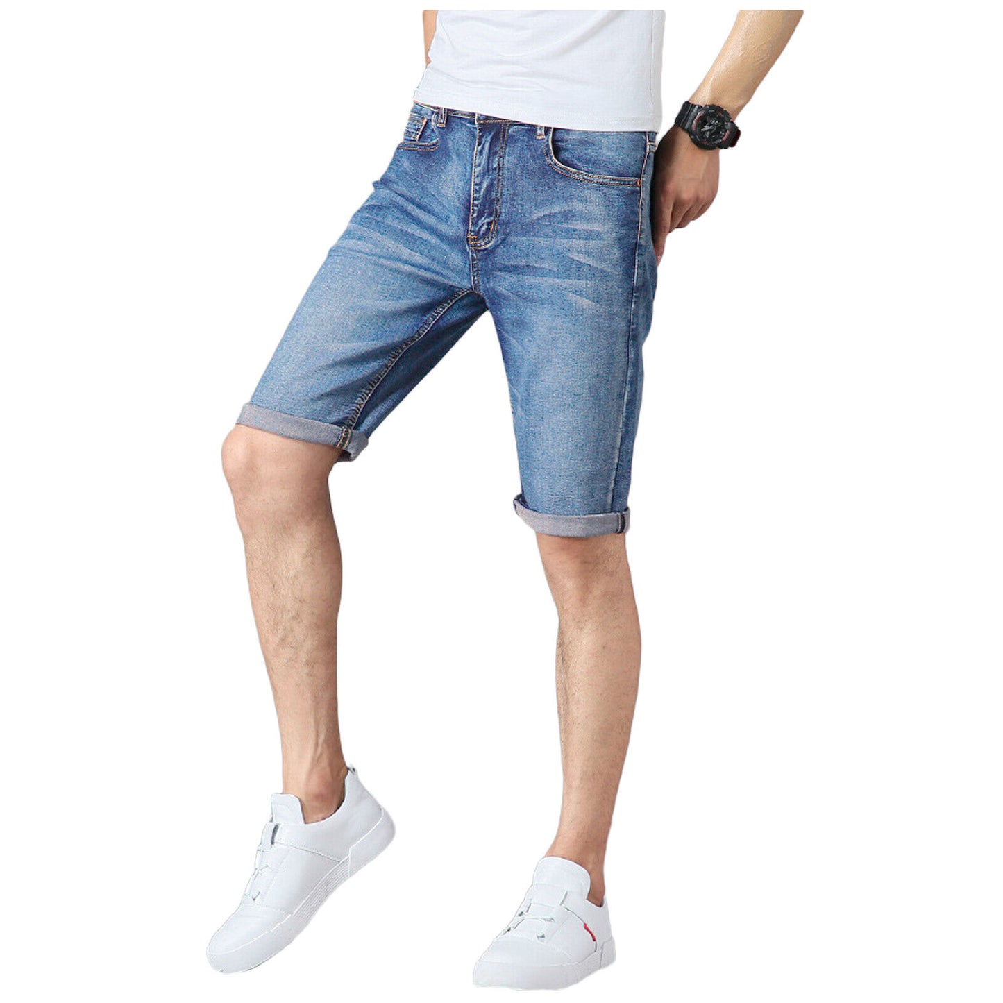 MENS DENIM SHORTS SLIM FIT CASUAL VINTAGE STRETCH HALF JEANS SUMMER SKINNY PANTS