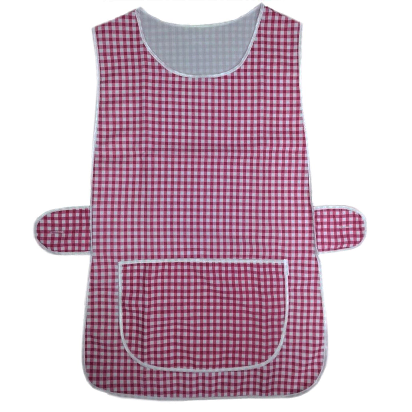 WOMENS CHECKED TABARD LADIES APRON WITH POCKET WHITE PIPING CLEANING KITCHEN CHEF HOUSEKEEPING WORKWEAR UNIFORM