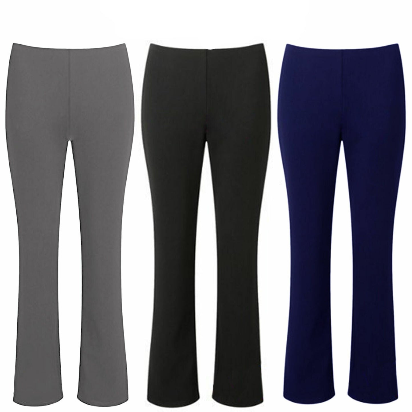 PACK OF 3 LADIES BOOTLEG TROUSERS WOMENS BOOTCUT STRETCH RIBBED ELASTIC WAIST PANTS COMFY CASUAL WORKWEAR FLEXIBLE FIT