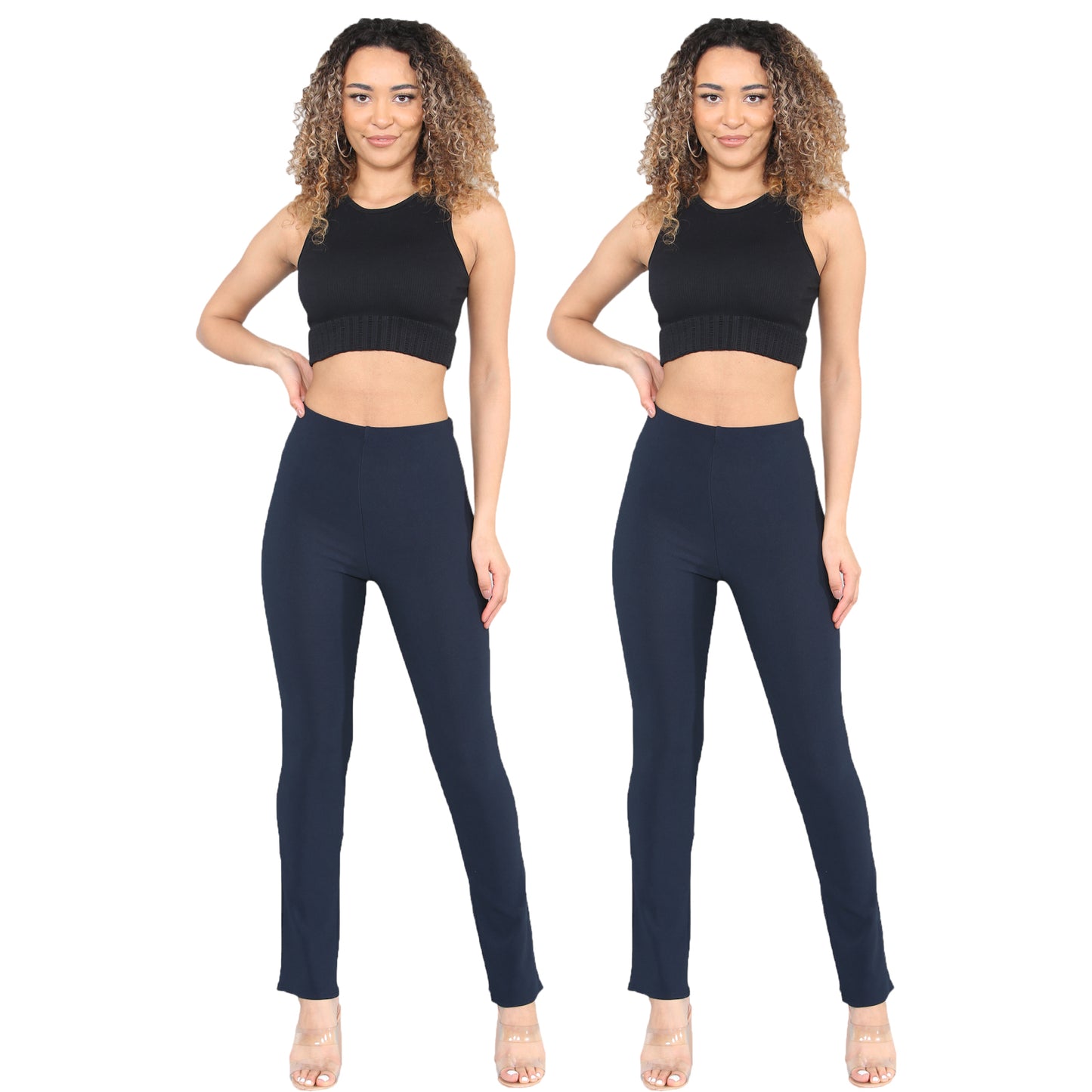 PACK OF 2 WOMENS BOOTLEG TROUSERS STRETCH LADIES SOFT RIBBED PULL ON BOTTOMS PANTS