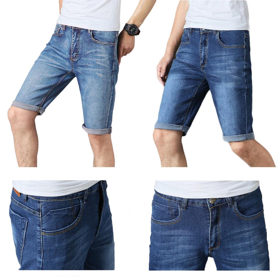 MENS SLIM FIT DENIM SHORTS CASUAL VINTAGE STRETCH COTTON BLUE JEAN SHORTS SUMMER SKINNY FIT MENSWEAR PANTS
