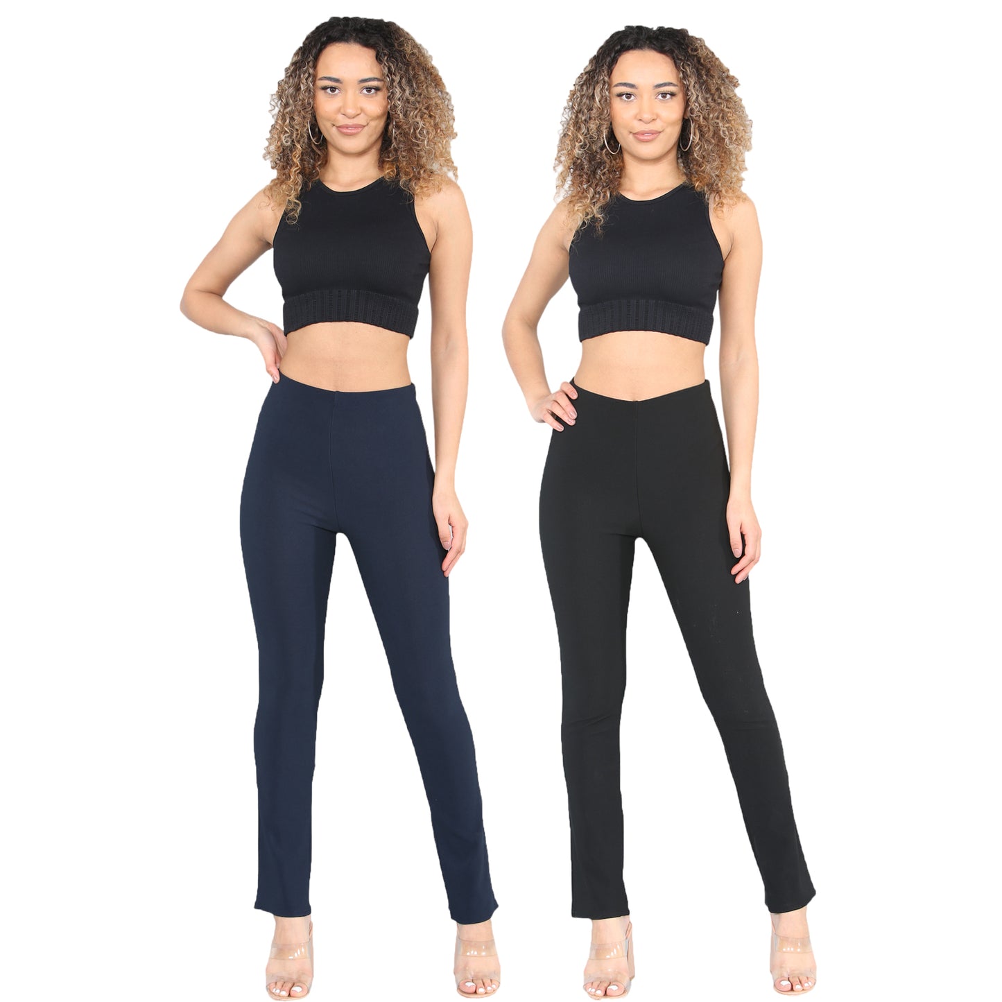 PACK OF 2 WOMENS BOOTLEG TROUSERS STRETCH LADIES SOFT RIBBED PULL ON BOTTOMS PANTS