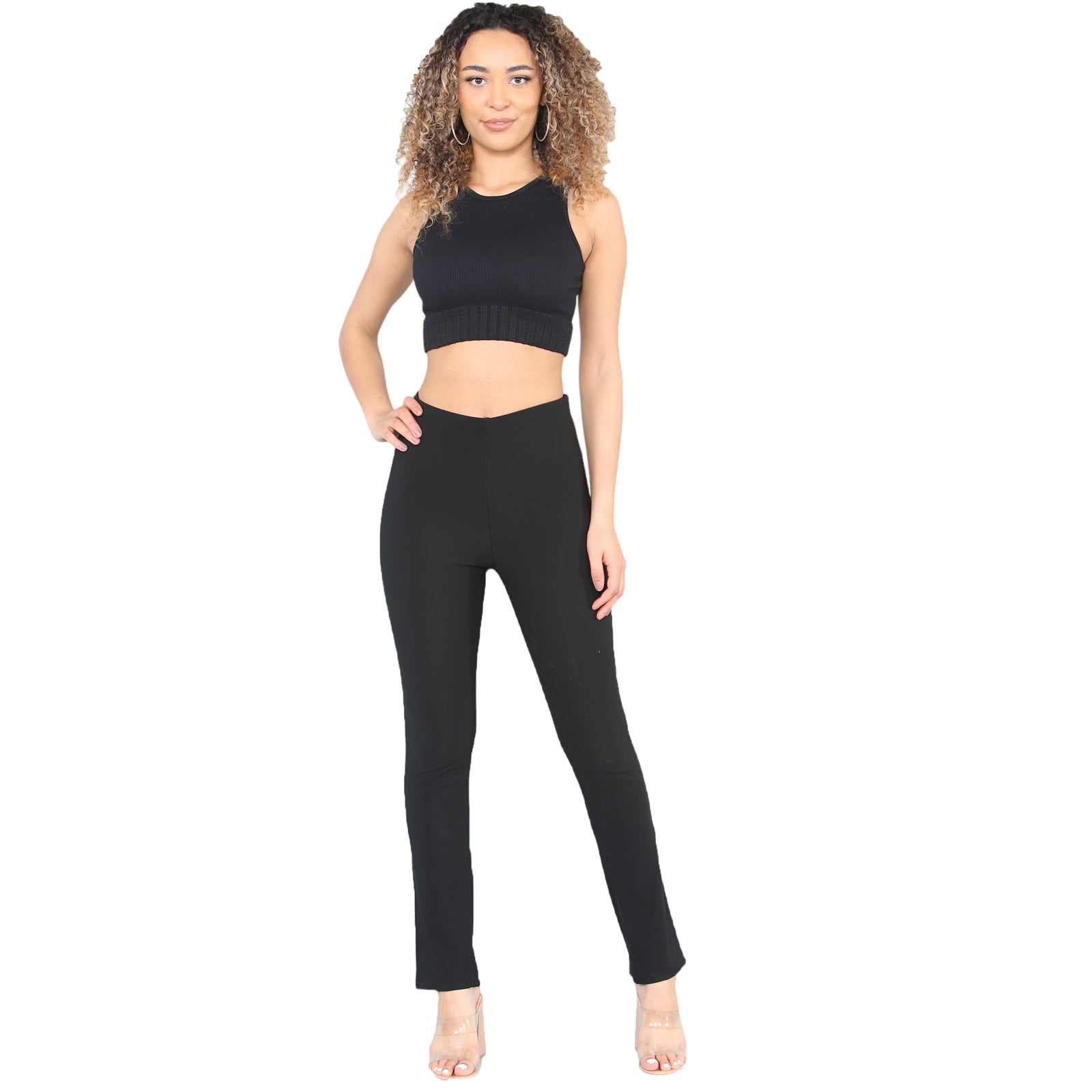 Plus Size Black Pull On Ribbed Bootcut Stretch Trousers