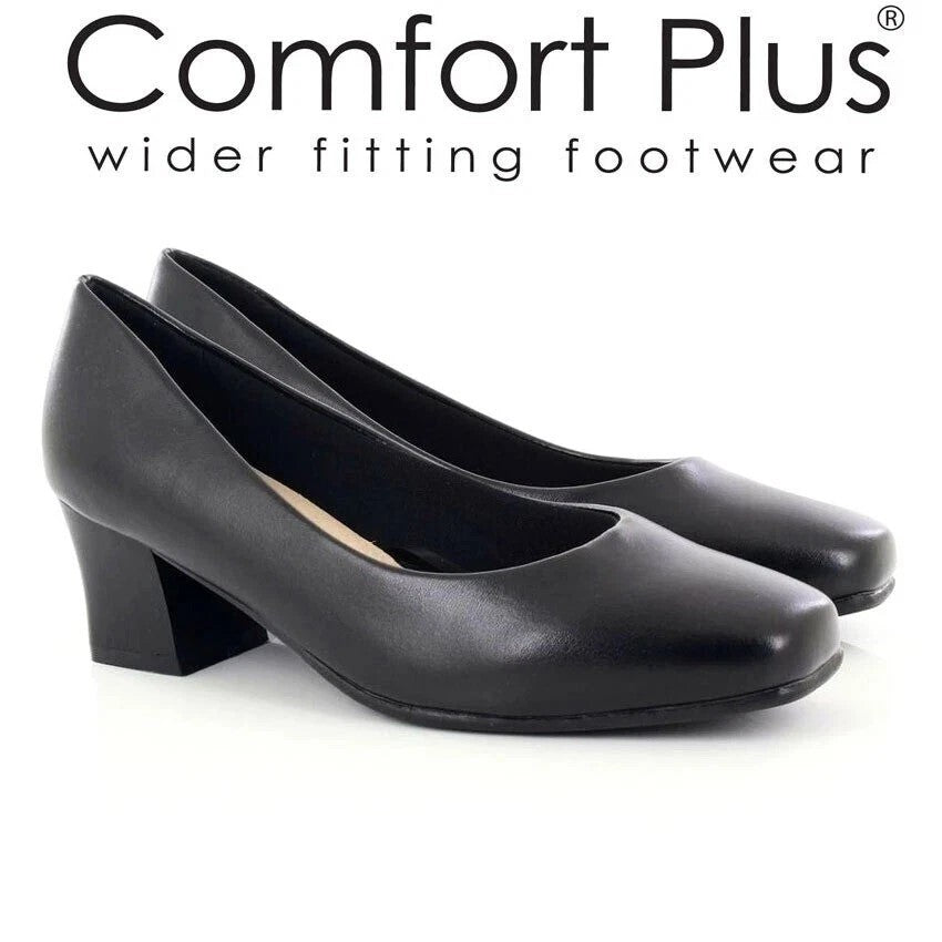 DR KELLER KARLY COMFORT PLUS WOMENS BLOCK HEEL COURT SHOES WIDE FIT SLIP‑ON WORK PUMPS CUSHIONED PU UPPER
