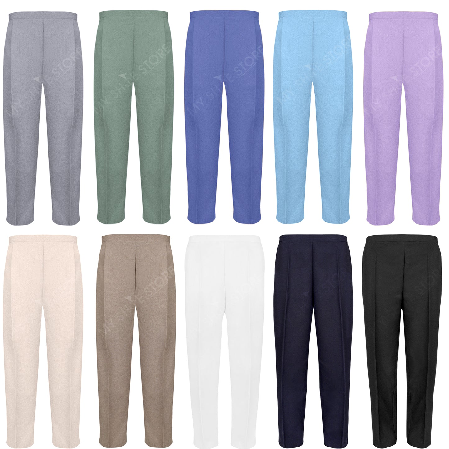 LADIES  HALF ELASTICATED WAIST TROUSERS WOMENS PANTS CASUAL SUMMER BOTTOMS