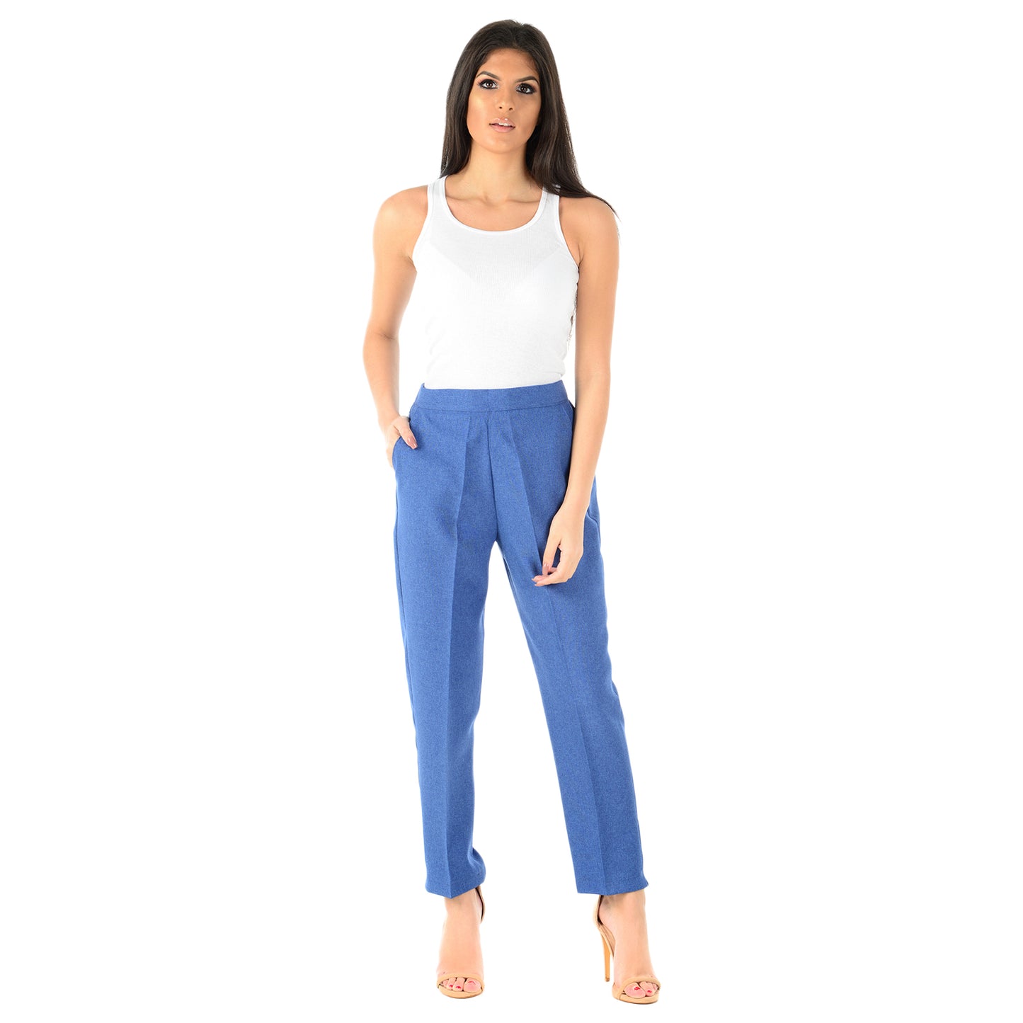 LADIES  HALF ELASTICATED WAIST TROUSERS WOMENS PANTS CASUAL SUMMER BOTTOMS