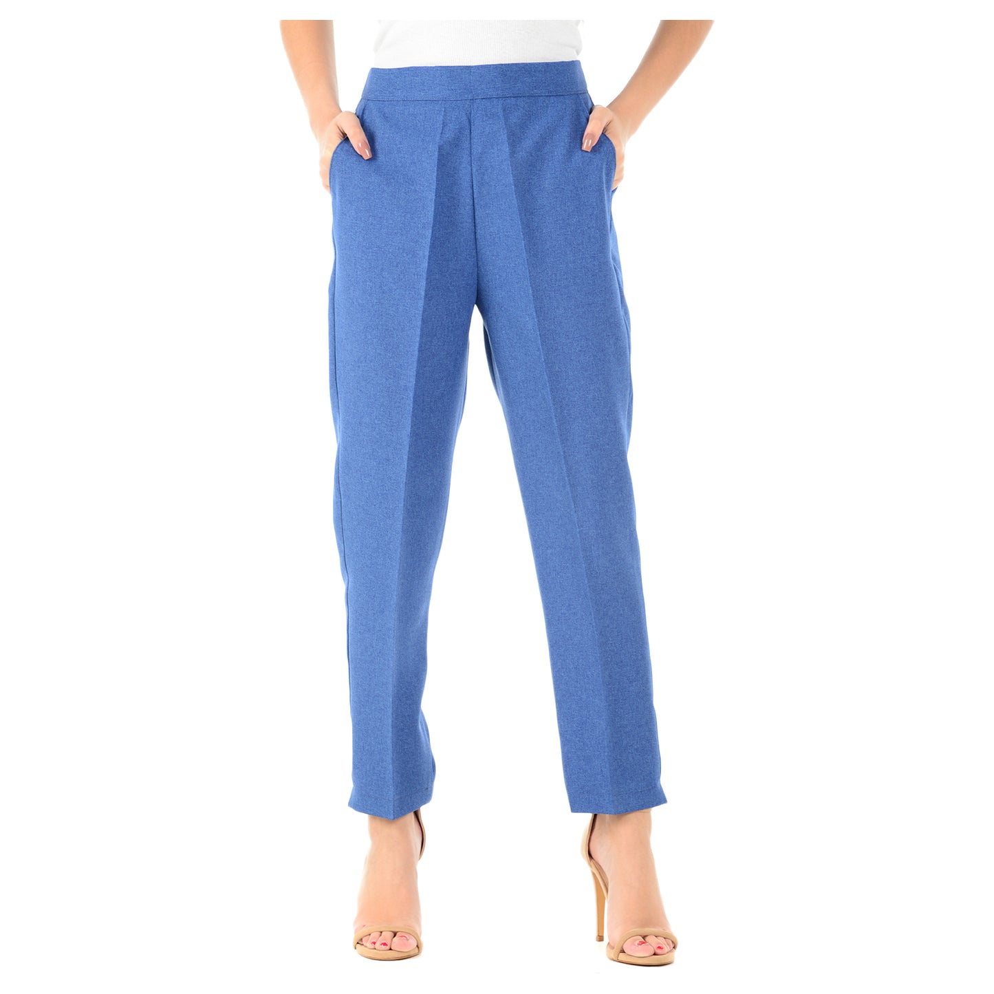 LADIES  HALF ELASTICATED WAIST TROUSERS WOMENS PANTS CASUAL SUMMER BOTTOMS