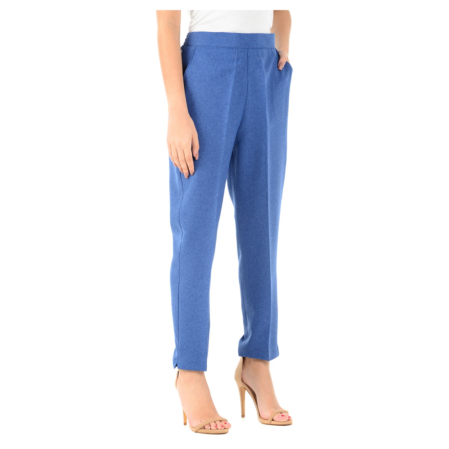 LADIES  HALF ELASTICATED WAIST TROUSERS WOMENS PANTS CASUAL SUMMER BOTTOMS