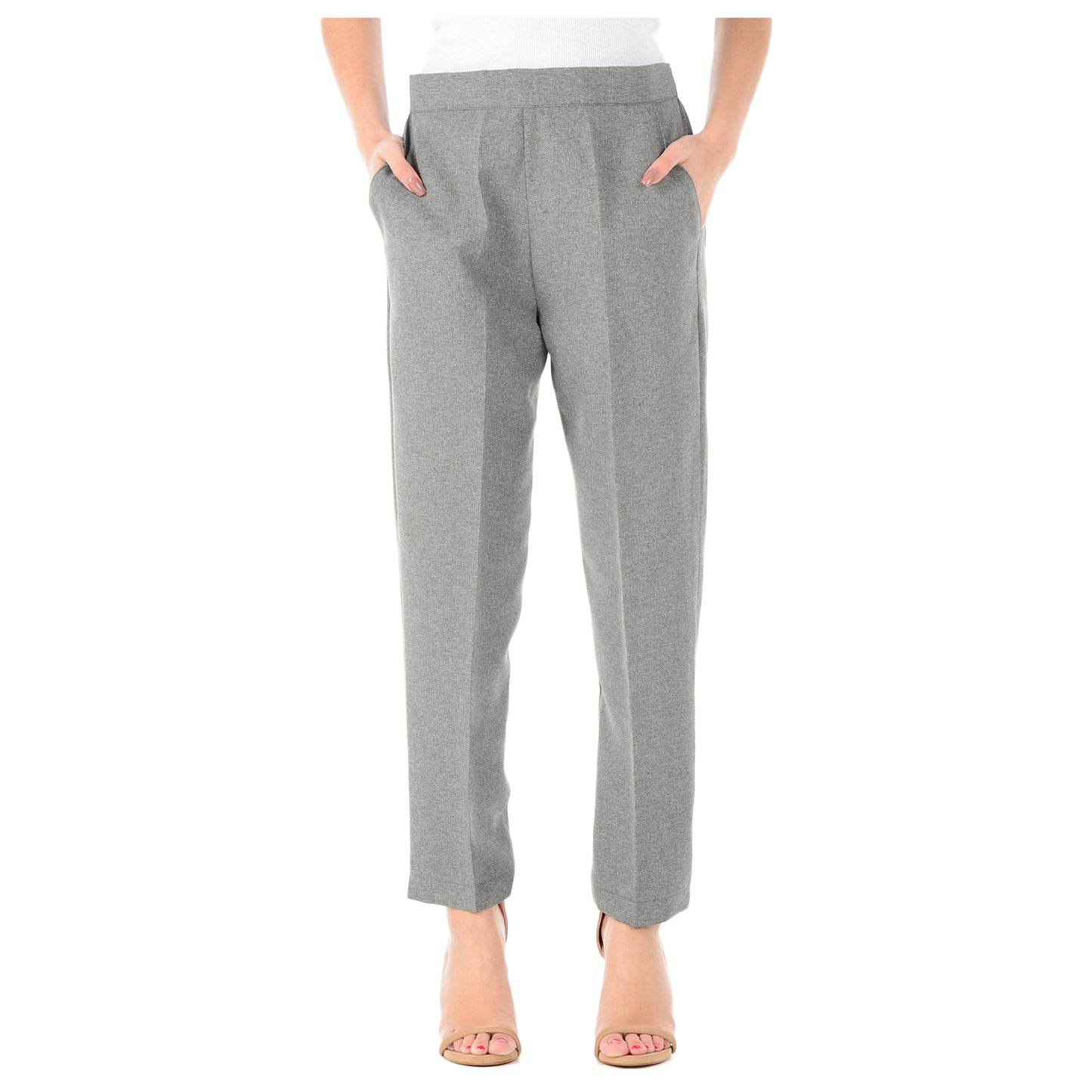 LADIES  HALF ELASTICATED WAIST TROUSERS WOMENS PANTS CASUAL SUMMER BOTTOMS