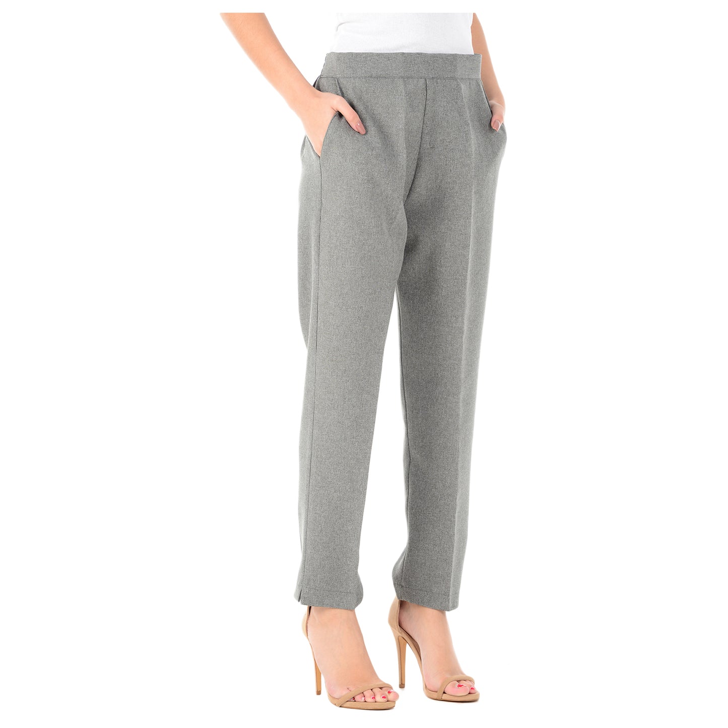 LADIES  HALF ELASTICATED WAIST TROUSERS WOMENS PANTS CASUAL SUMMER BOTTOMS