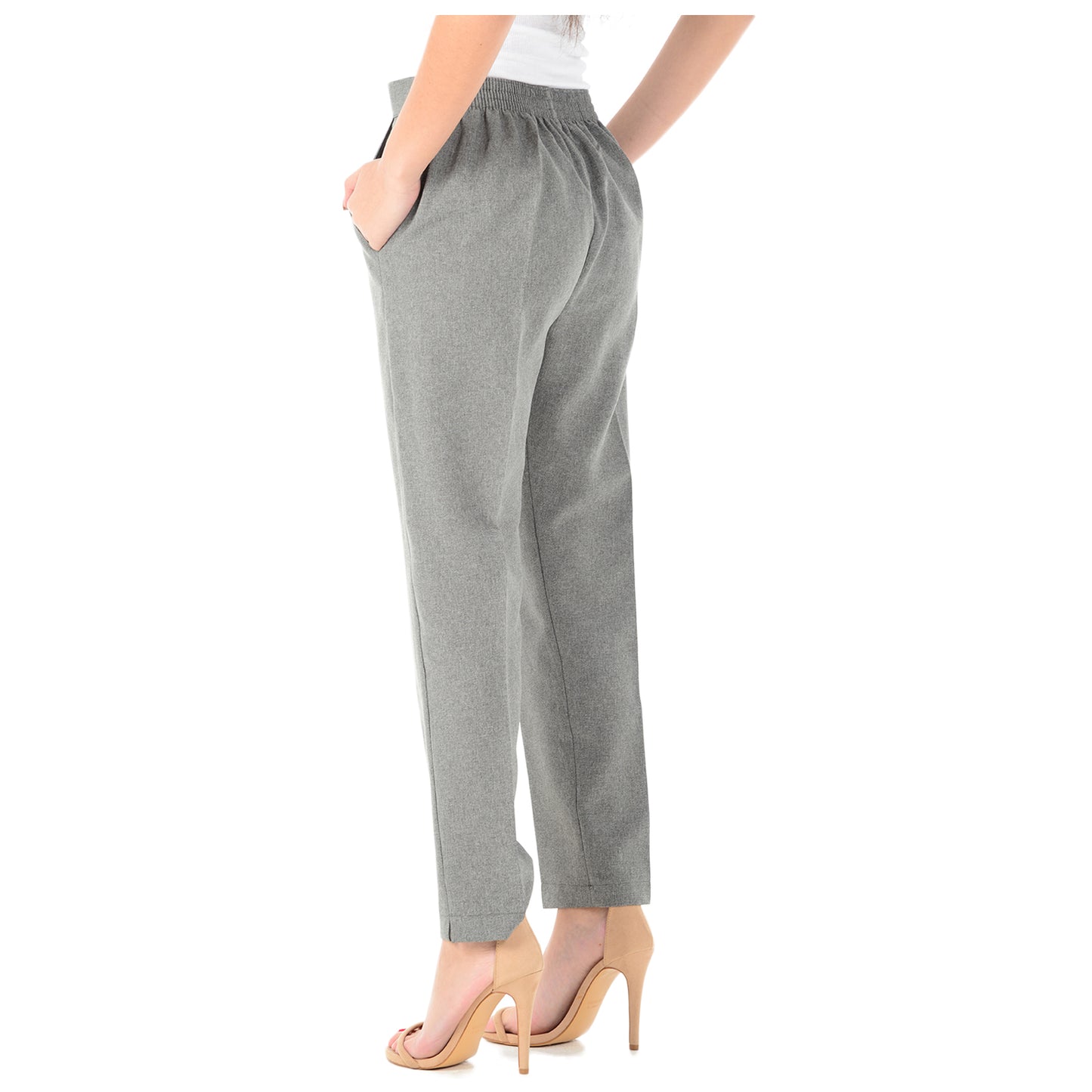LADIES  HALF ELASTICATED WAIST TROUSERS WOMENS PANTS CASUAL SUMMER BOTTOMS