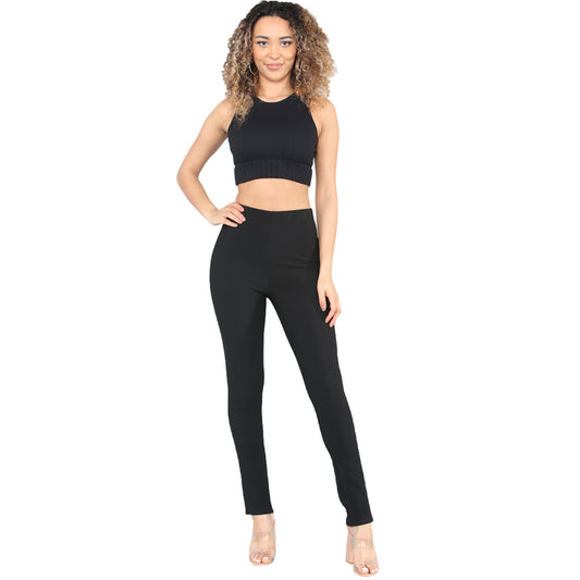 LADIES WOMENS STRAIGHT LEG RIBBED TROUSERS STRETCH PULL ON PANTS 8-26