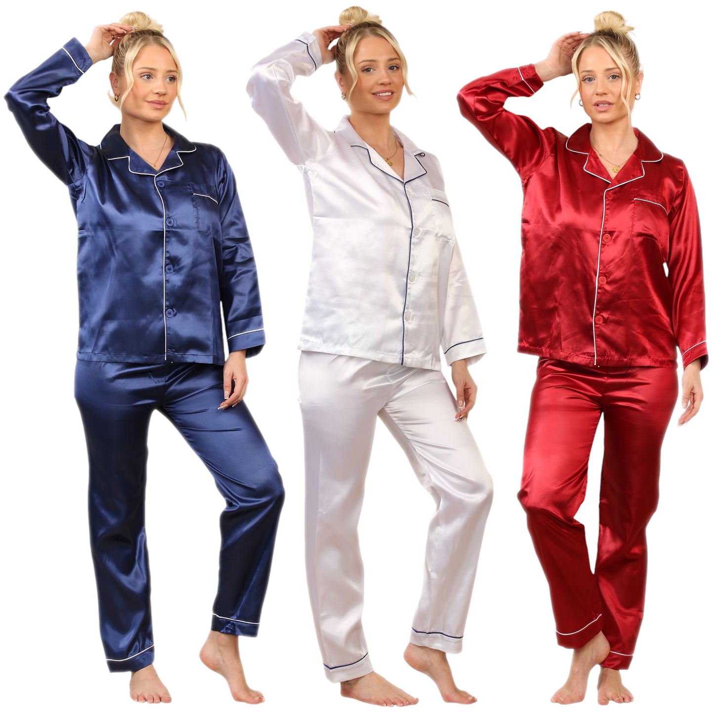 LADIES SOFT SATIN SILK PYJAMAS PJS WOMENS LONG SLEEVE SLEEPWEAR NIGHTWEAR PJ'S SET NIGHT LOUNGE WEAR PAJAMA SET COMFORT WOMENSWEAR ELEGANT STYLE LOUNGEWEAR PAJAMAS TOPS PANTS SHIRT BOTTOMS