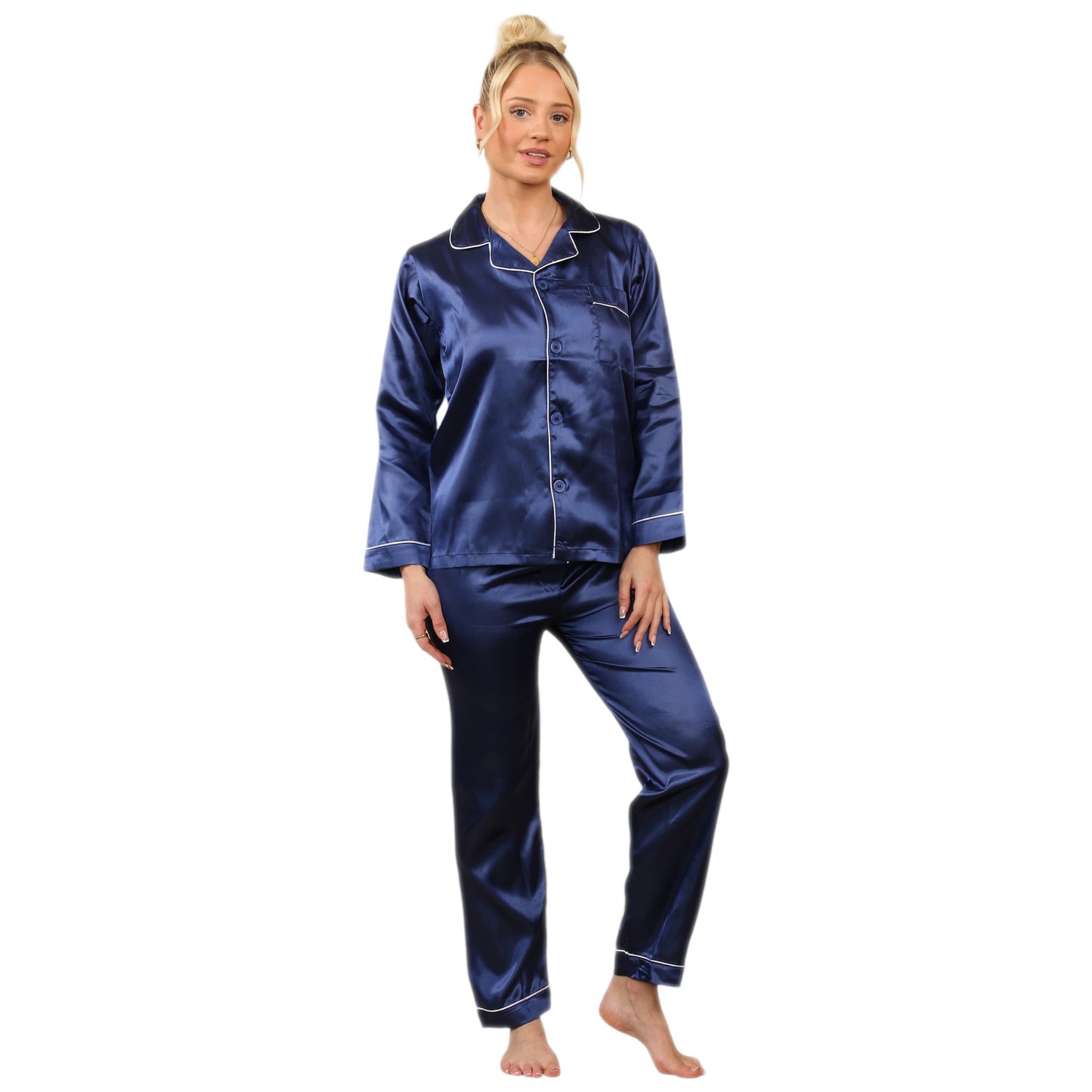 LADIES SOFT SATIN SILK PYJAMAS PJS WOMENS LONG SLEEVE SLEEPWEAR NIGHTWEAR PJ'S SET NIGHT LOUNGE WEAR PAJAMA SET COMFORT WOMENSWEAR ELEGANT STYLE LOUNGEWEAR PAJAMAS TOPS PANTS SHIRT BOTTOMS