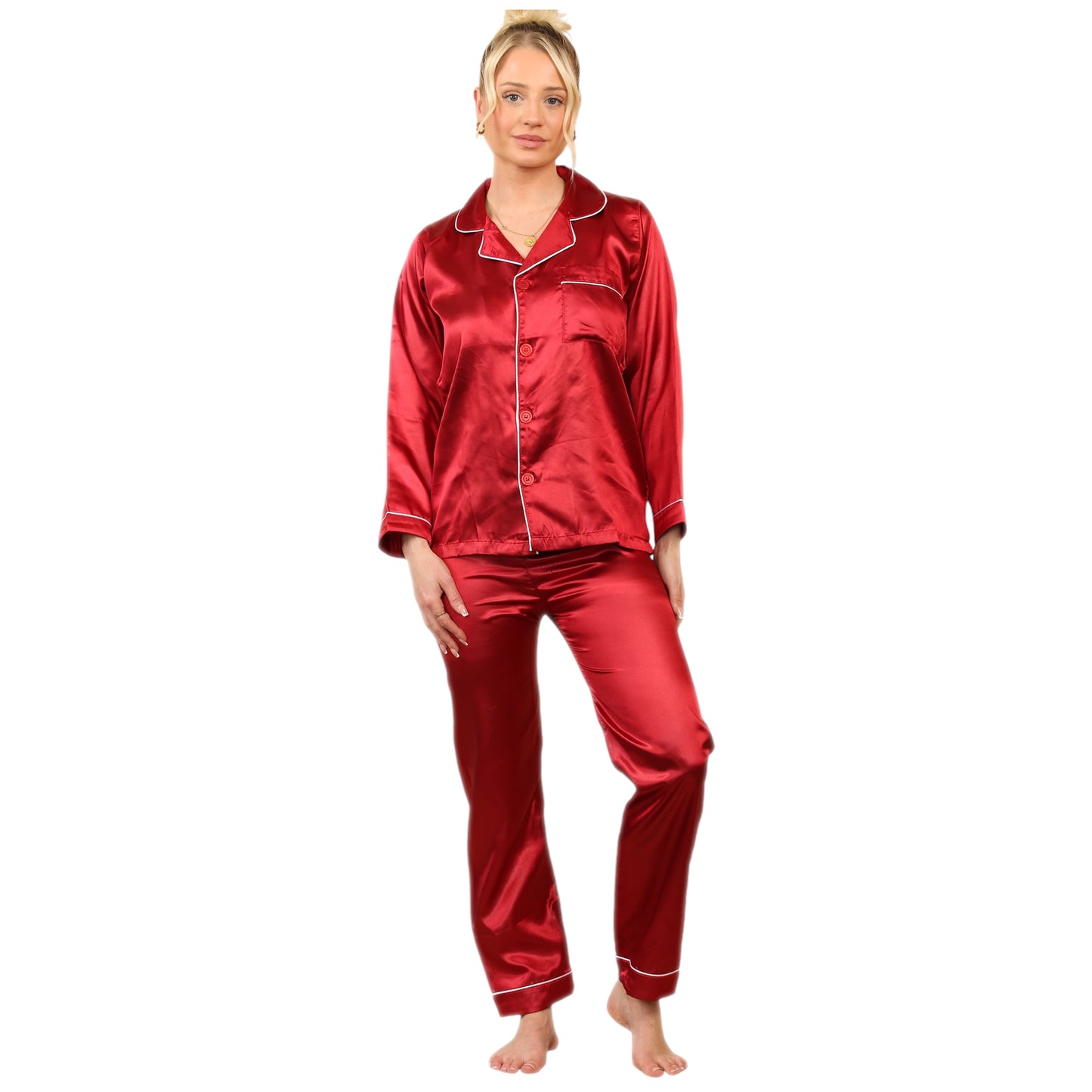 LADIES SOFT SATIN SILK PYJAMAS PJS WOMENS LONG SLEEVE SLEEPWEAR NIGHTWEAR PJ'S SET NIGHT LOUNGE WEAR PAJAMA SET COMFORT WOMENSWEAR ELEGANT STYLE LOUNGEWEAR PAJAMAS TOPS PANTS SHIRT BOTTOMS