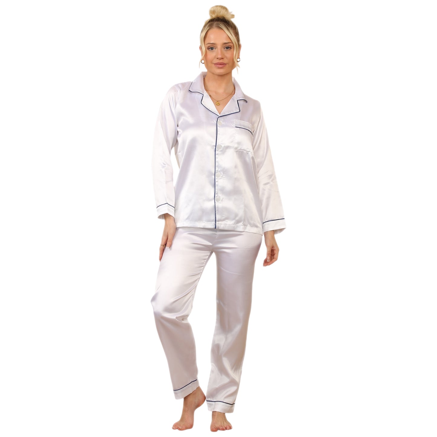 LADIES SOFT SATIN SILK PYJAMAS PJS WOMENS LONG SLEEVE SLEEPWEAR NIGHTWEAR PJ'S SET NIGHT LOUNGE WEAR PAJAMA SET COMFORT WOMENSWEAR ELEGANT STYLE LOUNGEWEAR PAJAMAS TOPS PANTS SHIRT BOTTOMS