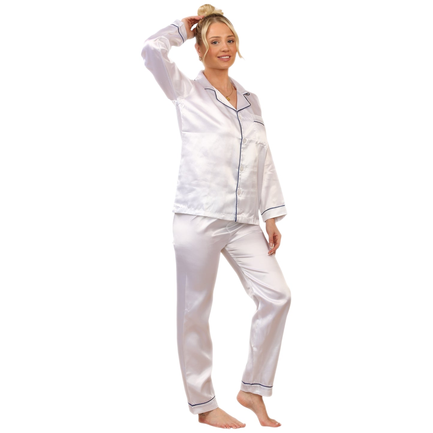 LADIES SOFT SATIN SILK PYJAMAS PJS WOMENS LONG SLEEVE SLEEPWEAR NIGHTWEAR PJ'S SET NIGHT LOUNGE WEAR PAJAMA SET COMFORT WOMENSWEAR ELEGANT STYLE LOUNGEWEAR PAJAMAS TOPS PANTS SHIRT BOTTOMS