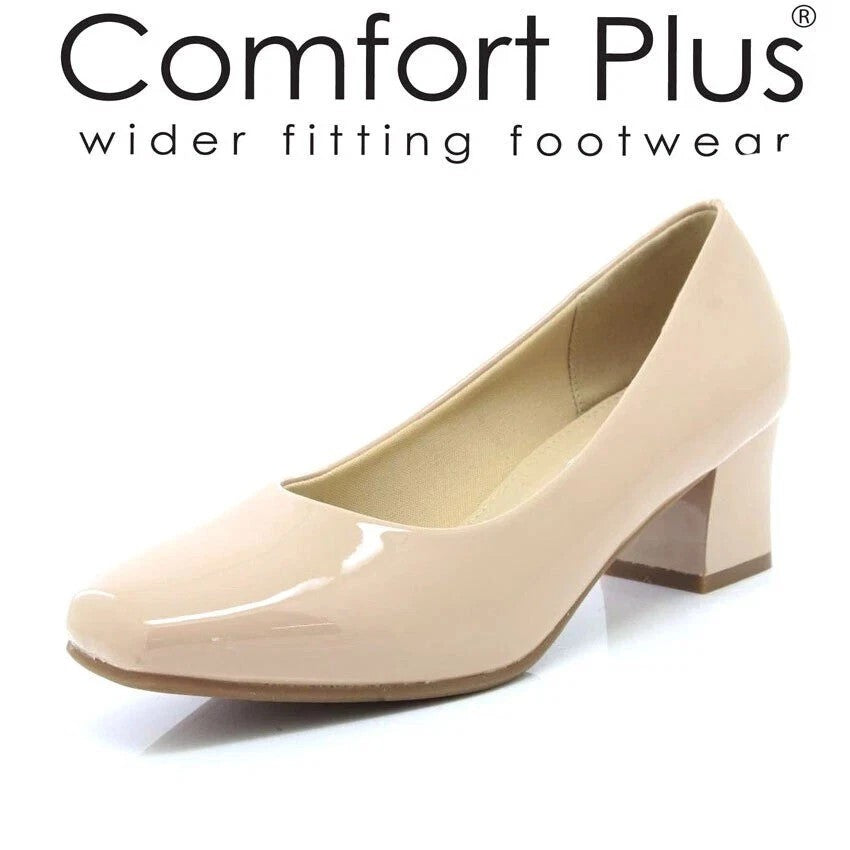DR KELLER KARLY COMFORT PLUS WOMENS BLOCK HEEL COURT SHOES WIDE FIT SLIP‑ON WORK PUMPS CUSHIONED PU UPPER