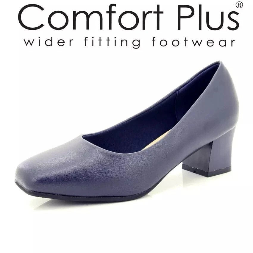 DR KELLER KARLY COMFORT PLUS WOMENS BLOCK HEEL COURT SHOES WIDE FIT SLIP‑ON WORK PUMPS CUSHIONED PU UPPER