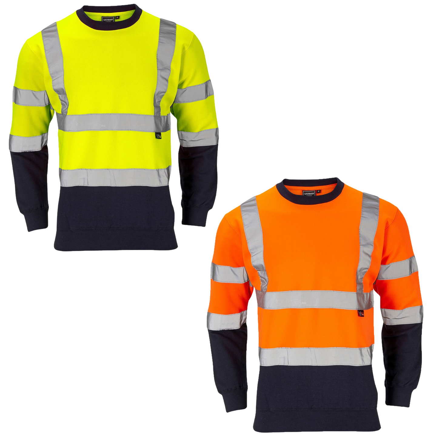 TWO TONE NAVY HI VIS CREW NECK SWEATSHIRT HIGH VISIBILITY REFLECTIVE WORK JUMPER SAFETY SECURITY TOP PPE WORKWEAR MENS UNISEX