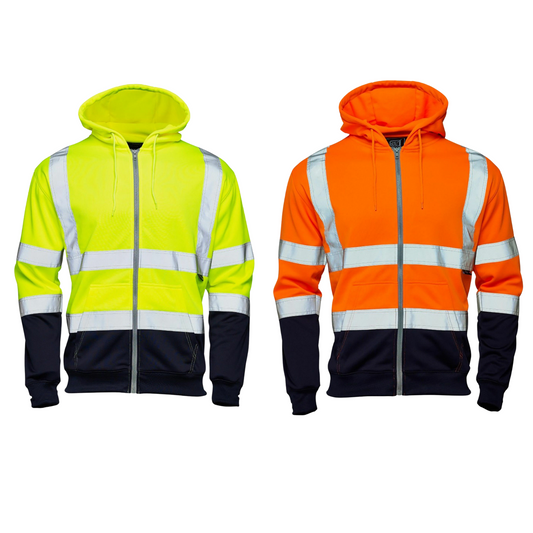 HI VIS ZIPPED 2 TONE HOODED SWEATSHIRT REFLECTIVE HOODIE WORKWEAR HIGH VISIBILITY SAFETY JACKET MENS TOP PPE JOB SITE CLOTHING