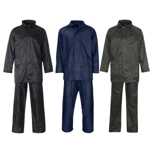 MENS HOODED WATERPROOF RAINSUIT PVC OVERALL DARK COLOUR WORKWEAR RAIN WEAR SAFETY CLOTHING FULL SUIT WET WEATHER GEAR OUTDOOR
