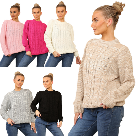 Womens Jumper Ladies Cable Knit Jumper Long Saleeve Crew Neck Oversized Vintage Sweater Pullover