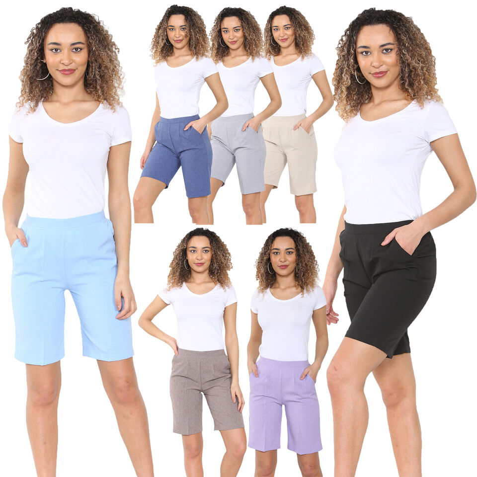 PACK OF 2 WOMENS SHORTS LADIES CAPRI CROPPED STRETCH SUMMER SHORTS ELASTIC WAIST GYM RUNNING CASUAL BEACH JOGGERS HOLIDAY LOUNGEWEAR SIZE 10 TO 24