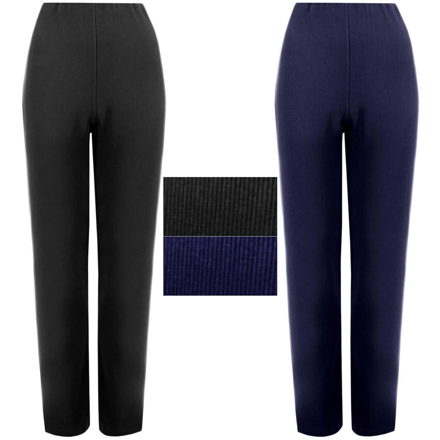 PACK OF 2 LADIES RIBBED STRETCH TROUSERS WOMENS STRAIGHT LEG PULL ON PANTS 8-26