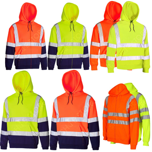 HI VIS VIZ HOODED SWEATSHIRT HIGH VISIBILITY REFLECTIVE WORKWEAR FLEECE JACKET