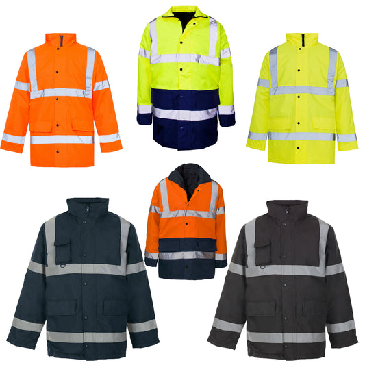 HI VIS PARKA JACKET HIGH VISIBILITY REFLECTIVE WATERPROOF WORKWEAR PADDED HOODED COAT