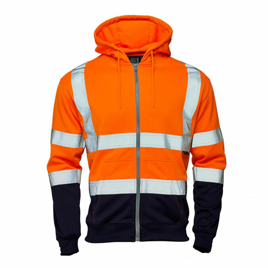 HI VIS ZIPPED 2 TONE HOODED SWEATSHIRT REFLECTIVE HOODIE WORKWEAR HIGH VISIBILITY SAFETY JACKET MENS TOP PPE JOB SITE CLOTHING