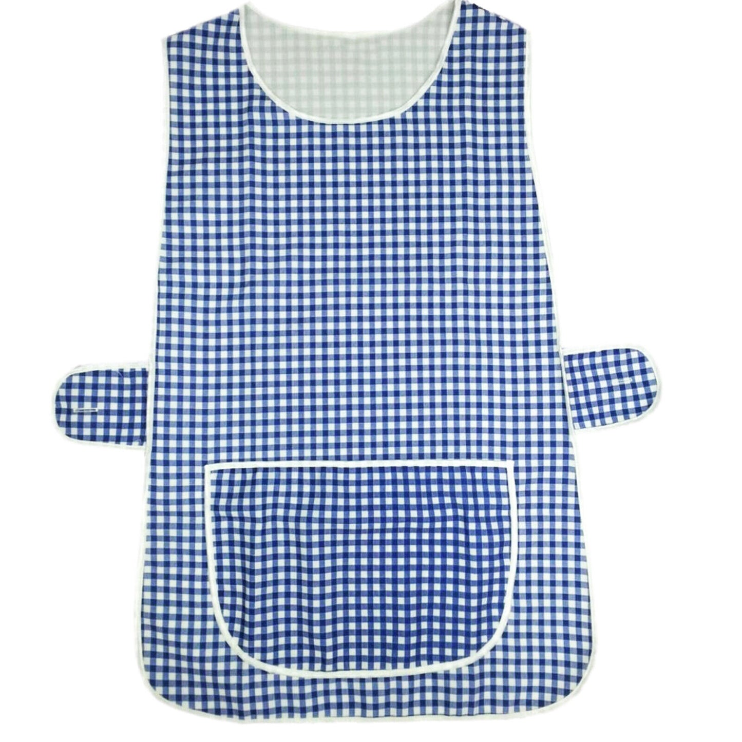 WOMENS CHECKED TABARD LADIES APRON WITH POCKET WHITE PIPING CLEANING KITCHEN CHEF HOUSEKEEPING WORKWEAR UNIFORM
