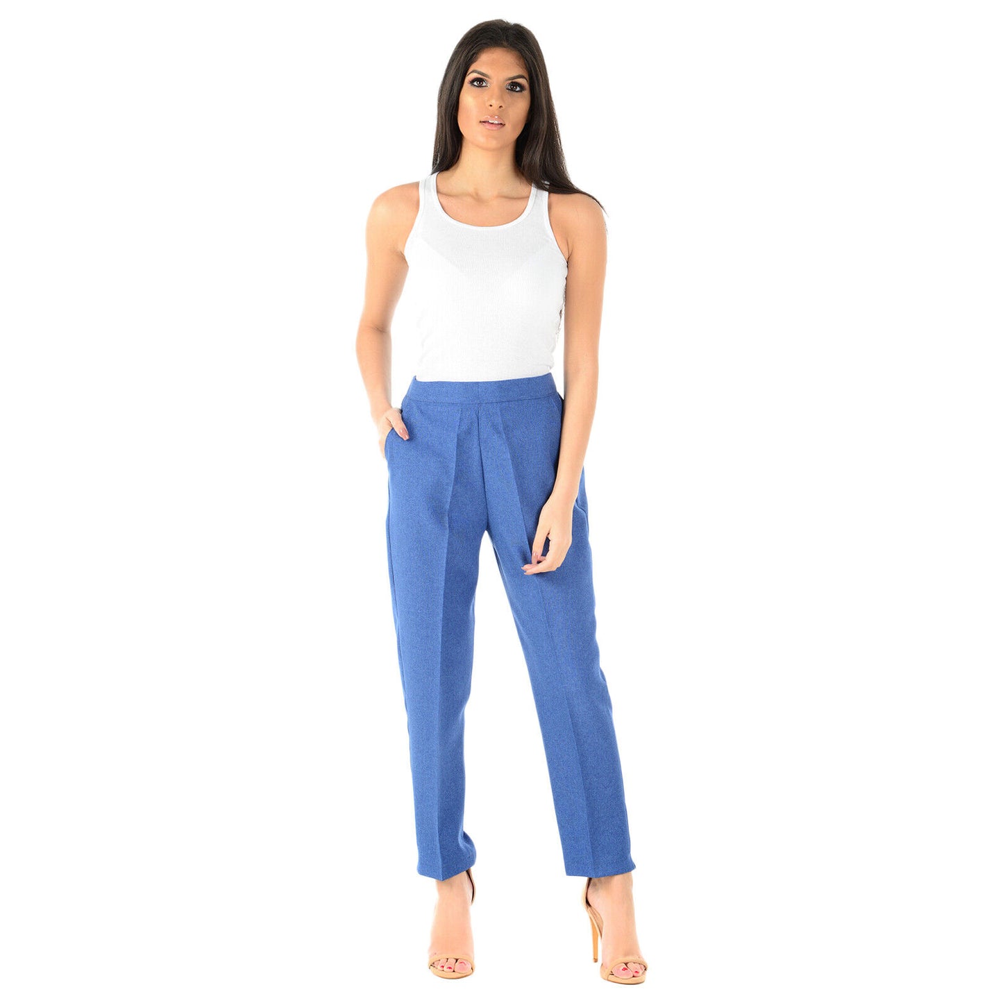 PACK OF 2 LADIES WOMENS HALF ELASTICATED WAIST TROUSERS WITH POCKETS PLUS SIZE 22 to 24