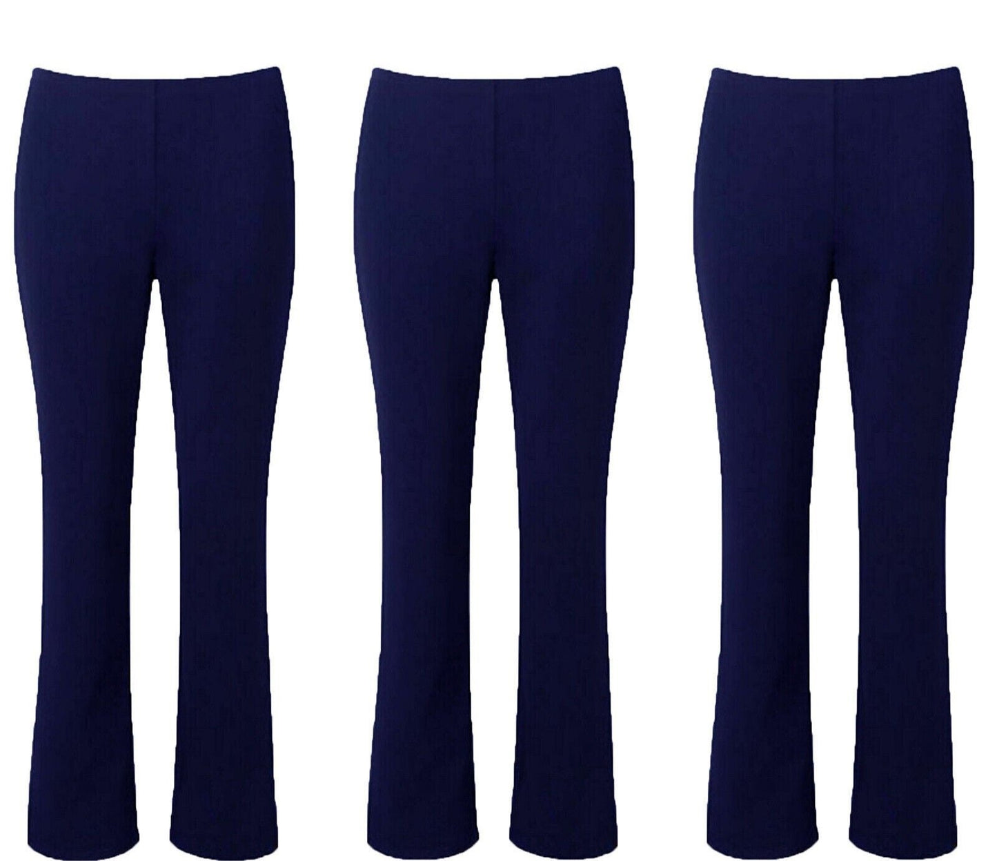 PACK OF 3 LADIES BOOTLEG TROUSERS WOMENS BOOTCUT STRETCH RIBBED ELASTIC WAIST PANTS COMFY CASUAL WORKWEAR FLEXIBLE FIT
