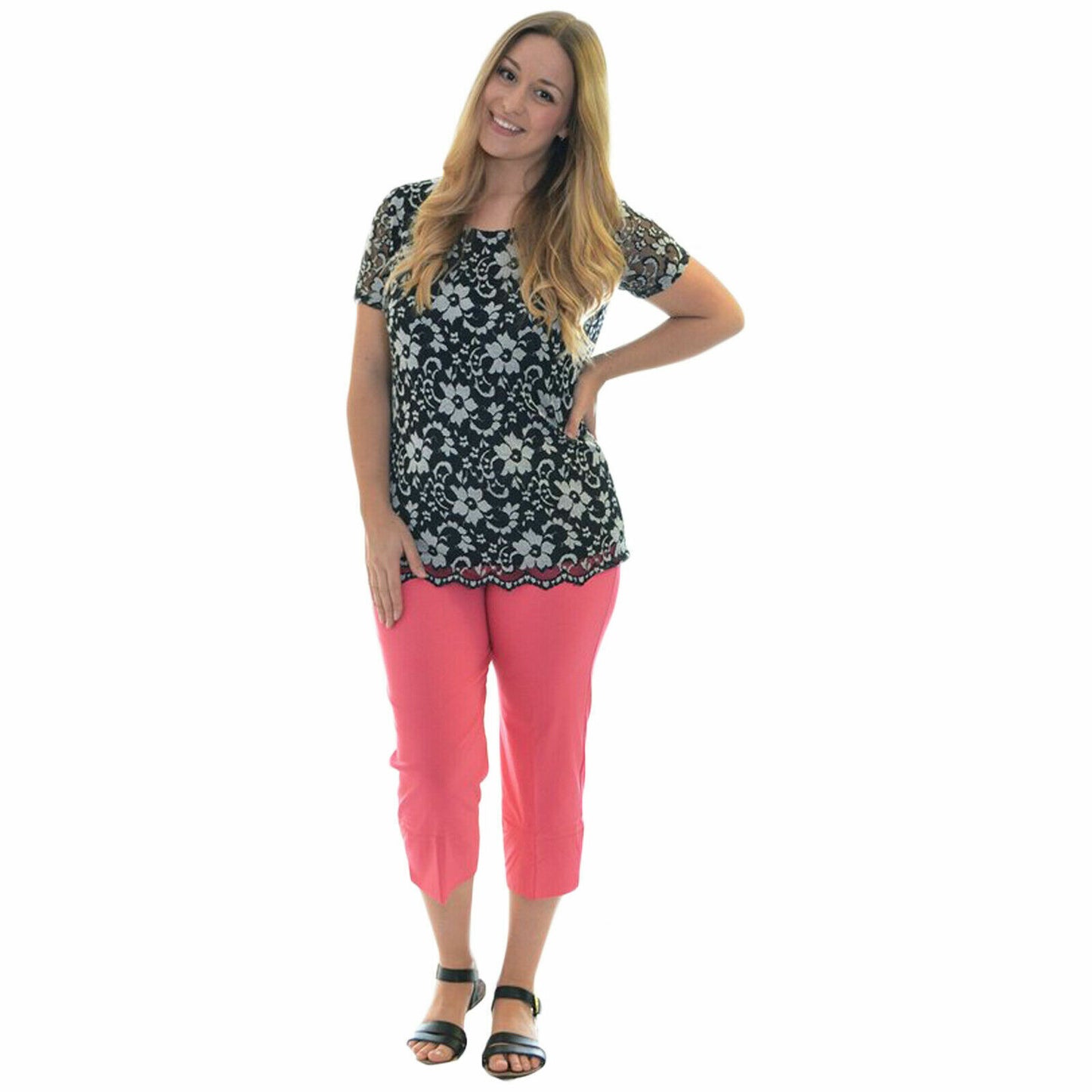 LADIES 3/4 CAPRI TROUSERS BENGALINE STRETCH ELASTICATED WAIST THREE QUARTER CROP PANTS