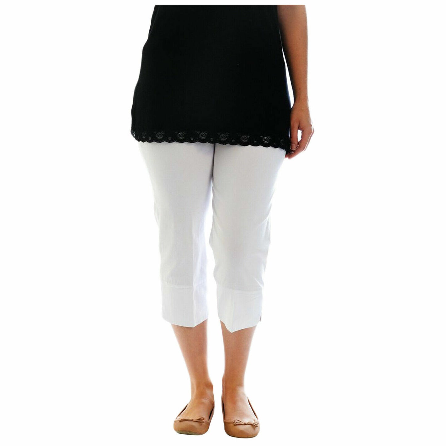 LADIES 3/4 CAPRI TROUSERS BENGALINE STRETCH ELASTICATED WAIST THREE QUARTER CROP PANTS