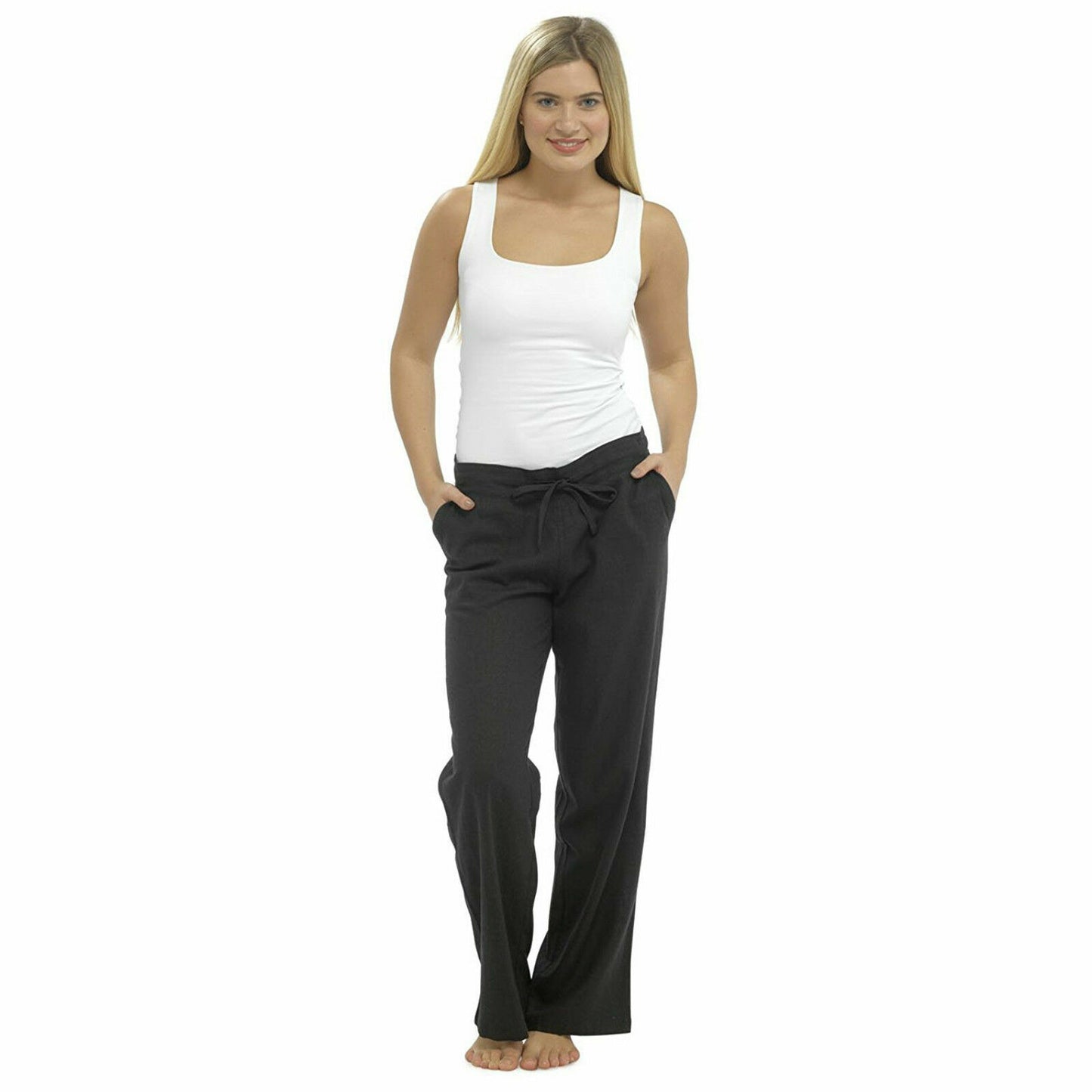 WOMENS LINEN TROUSERS SUMMER CASUAL HOLIDAY PANTS ELASTIC WAIST BOTTOMS