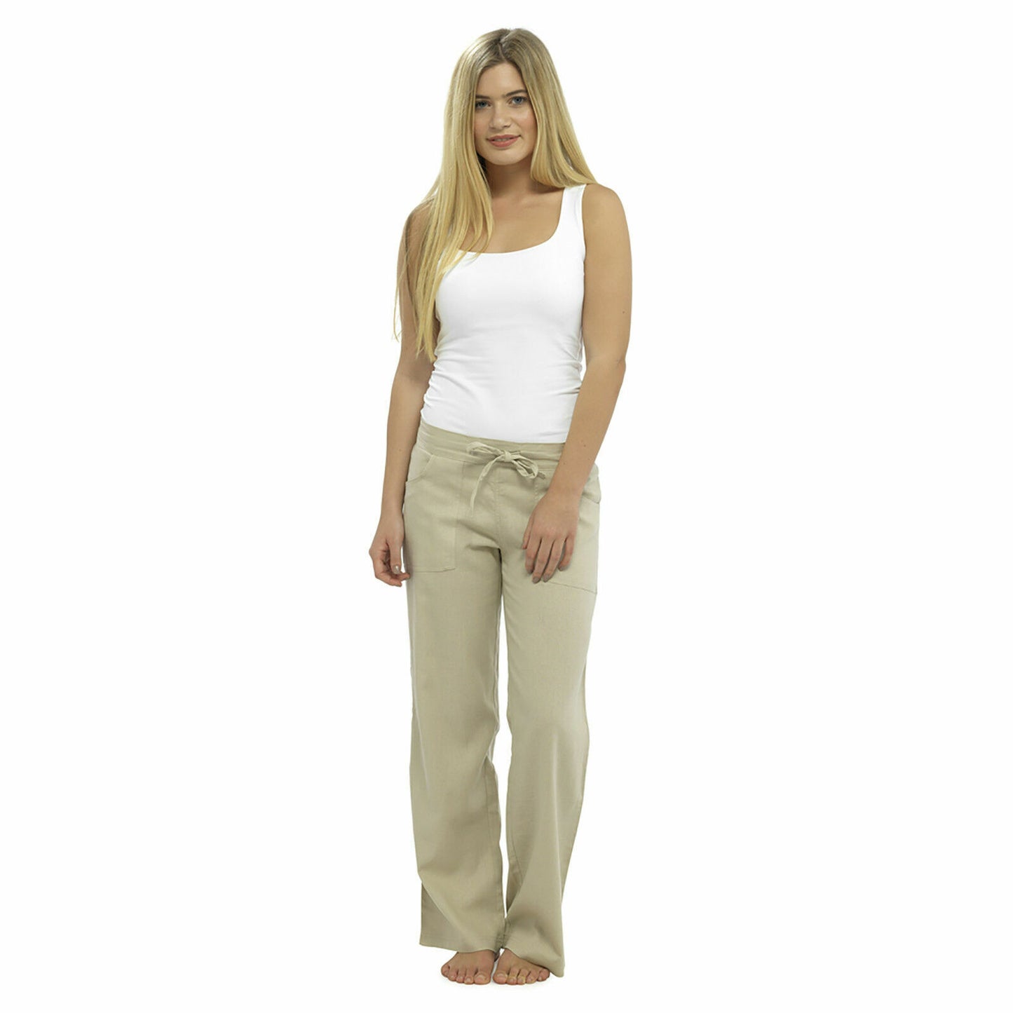 WOMENS LINEN TROUSERS SUMMER CASUAL HOLIDAY PANTS ELASTIC WAIST BOTTOMS
