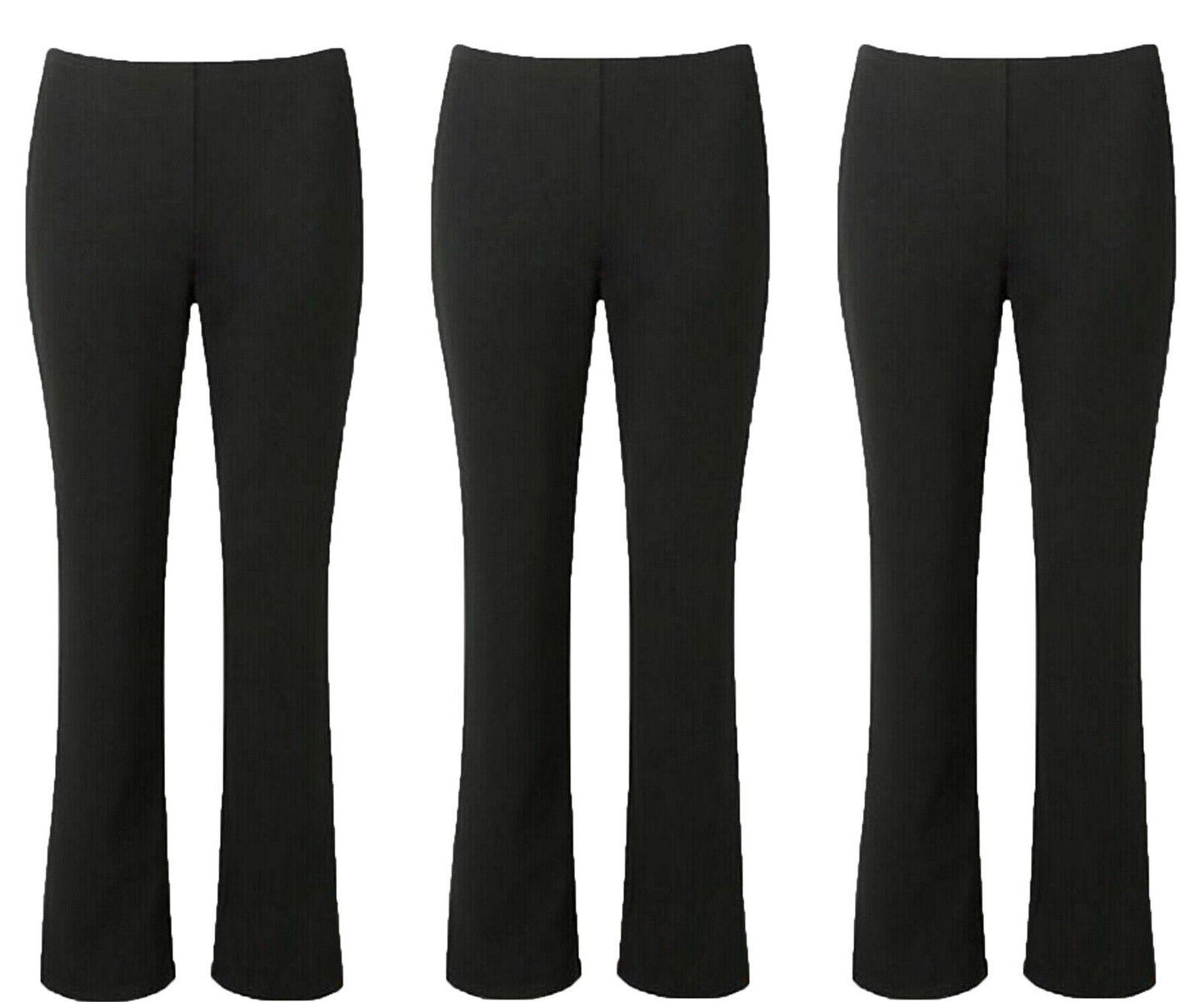 PACK OF 3 LADIES BOOTLEG TROUSERS WOMENS BOOTCUT STRETCH RIBBED ELASTIC WAIST PANTS COMFY CASUAL WORKWEAR FLEXIBLE FIT