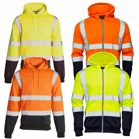 HI VIS VIZ 2 TONE HOODED SWEATSHIRT HOODIE REFLECTIVE WORK WEAR HOODY TOP JACKET