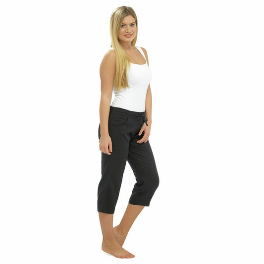 WOMENS LINEN 3/4 CROPPED TROUSERS SUMMER CAPRI PANTS LIGHTWEIGHT RELAXED FIT