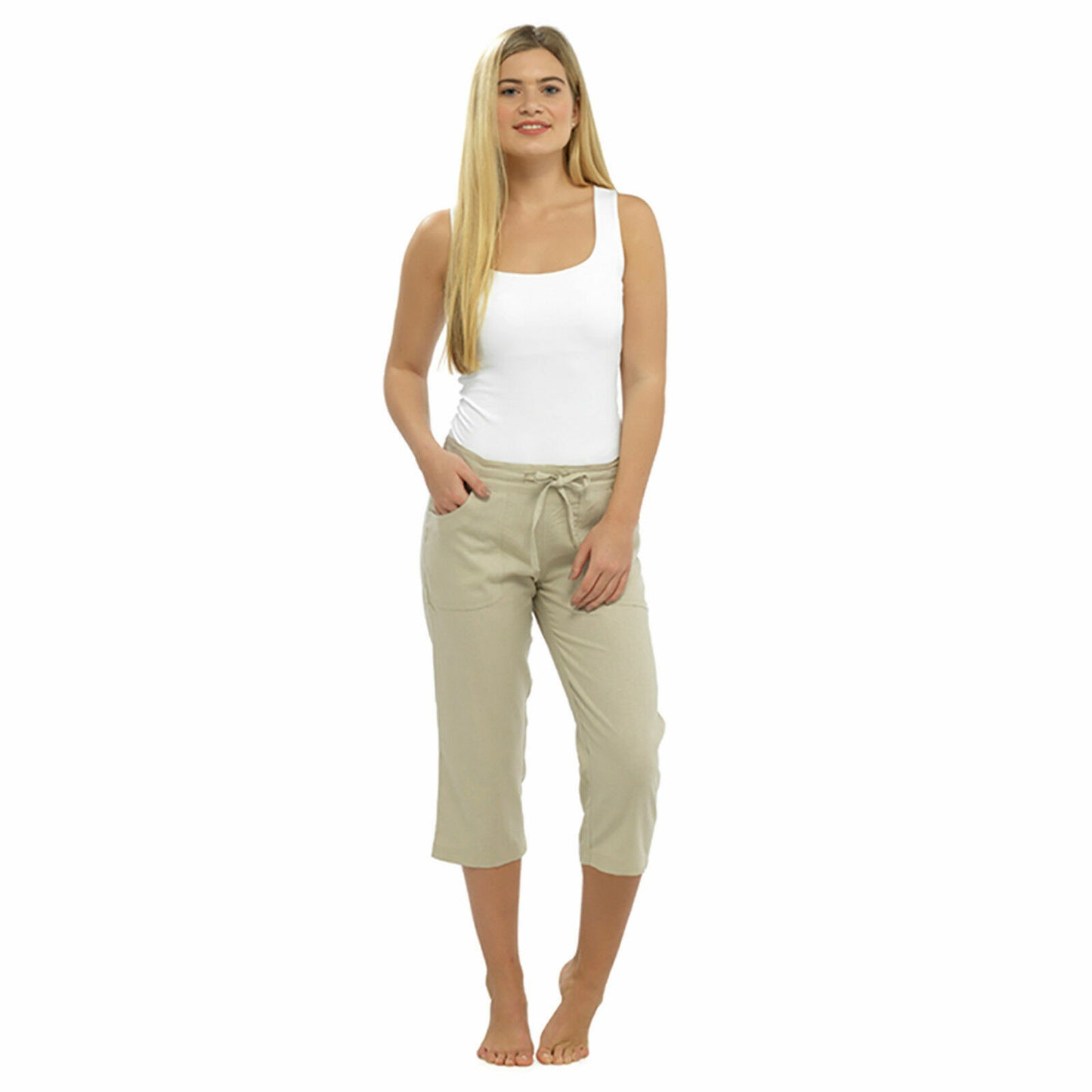WOMENS LINEN 3/4 CROPPED TROUSERS SUMMER CAPRI PANTS LIGHTWEIGHT RELAXED FIT