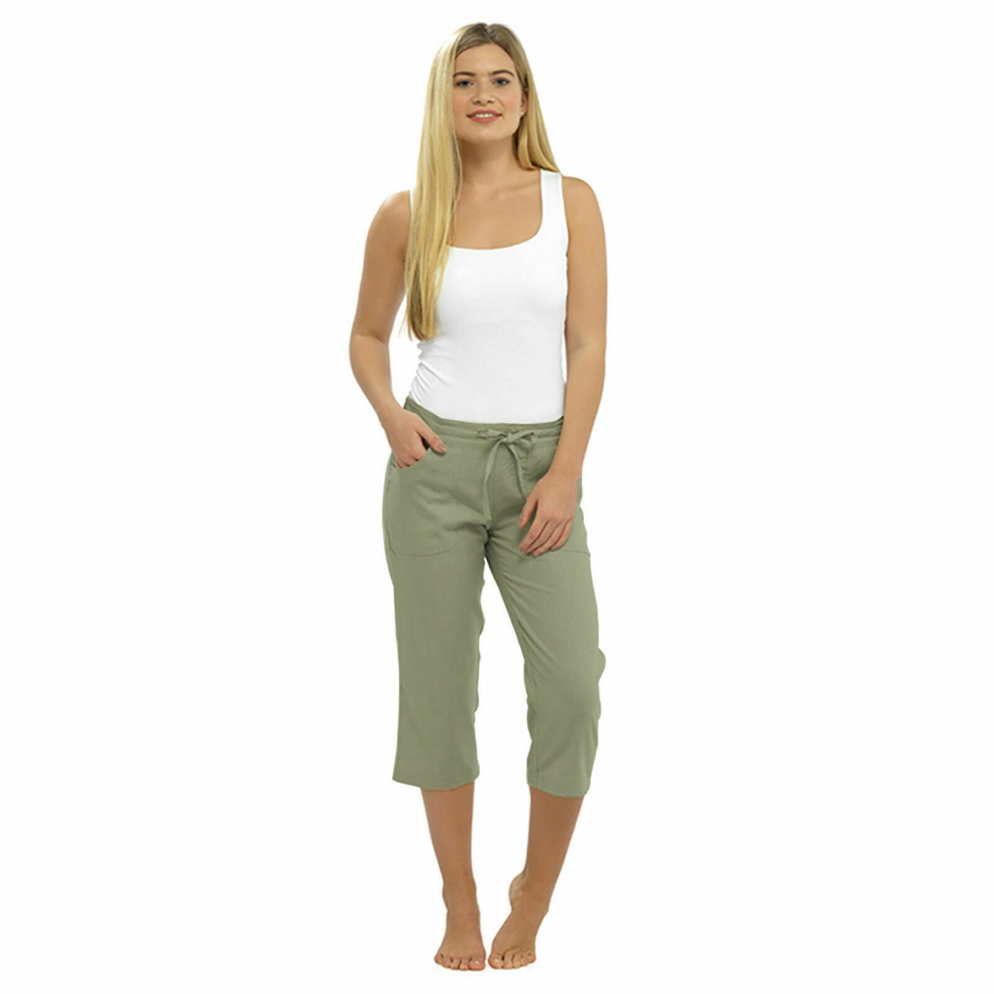 WOMENS LINEN 3/4 CROPPED TROUSERS SUMMER CAPRI PANTS LIGHTWEIGHT RELAXED FIT