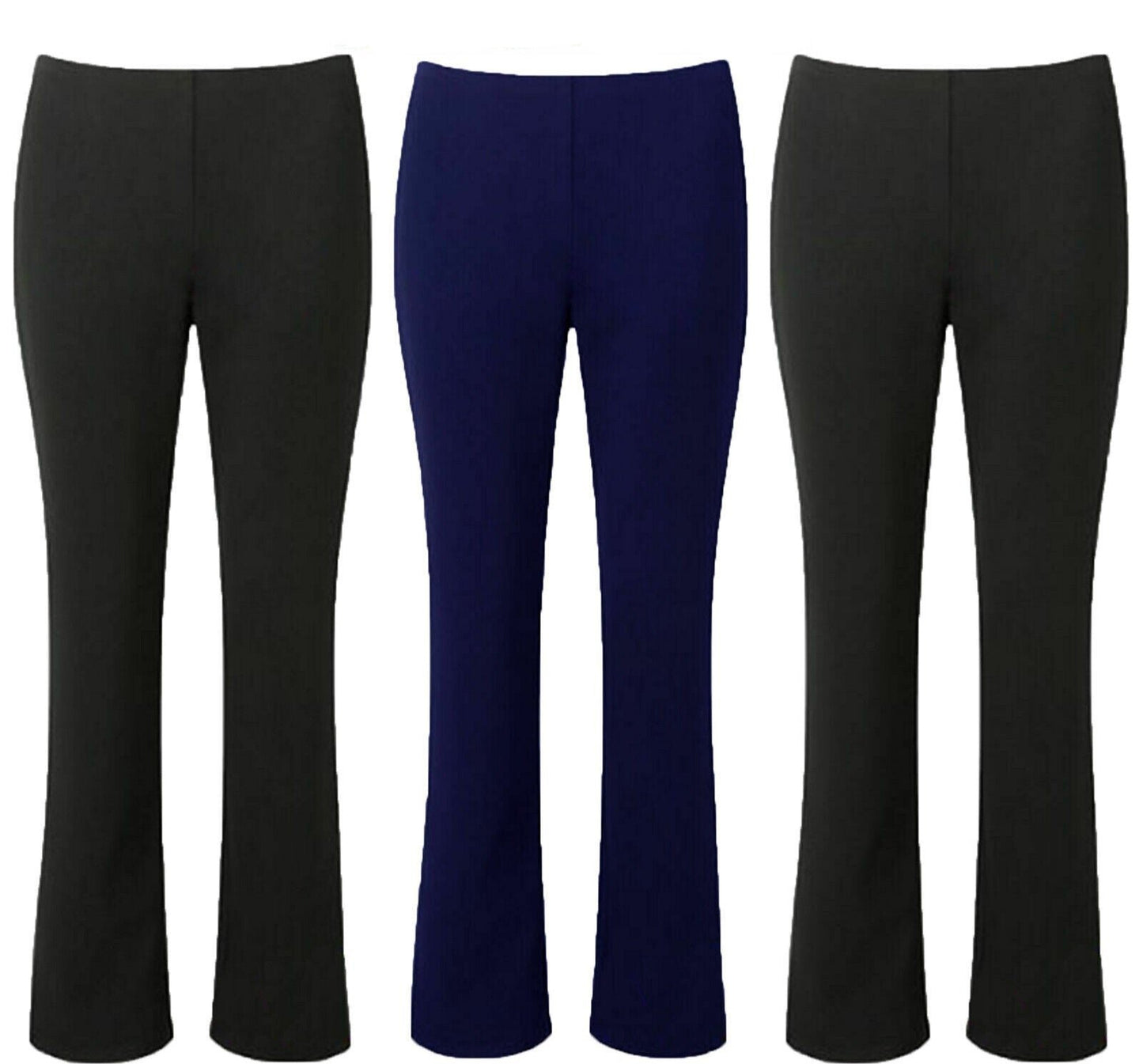 PACK OF 3 LADIES BOOTLEG TROUSERS WOMENS BOOTCUT STRETCH RIBBED ELASTIC WAIST PANTS COMFY CASUAL WORKWEAR FLEXIBLE FIT