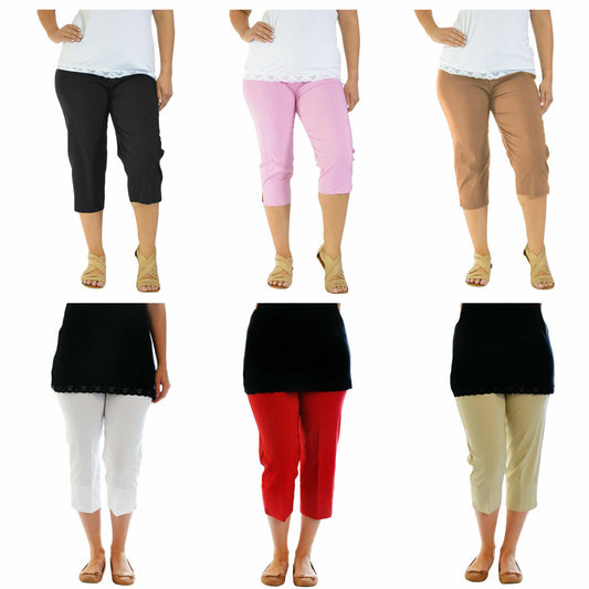 LADIES 3/4 CAPRI TROUSERS BENGALINE STRETCH ELASTICATED WAIST THREE QUARTER CROP PANTS
