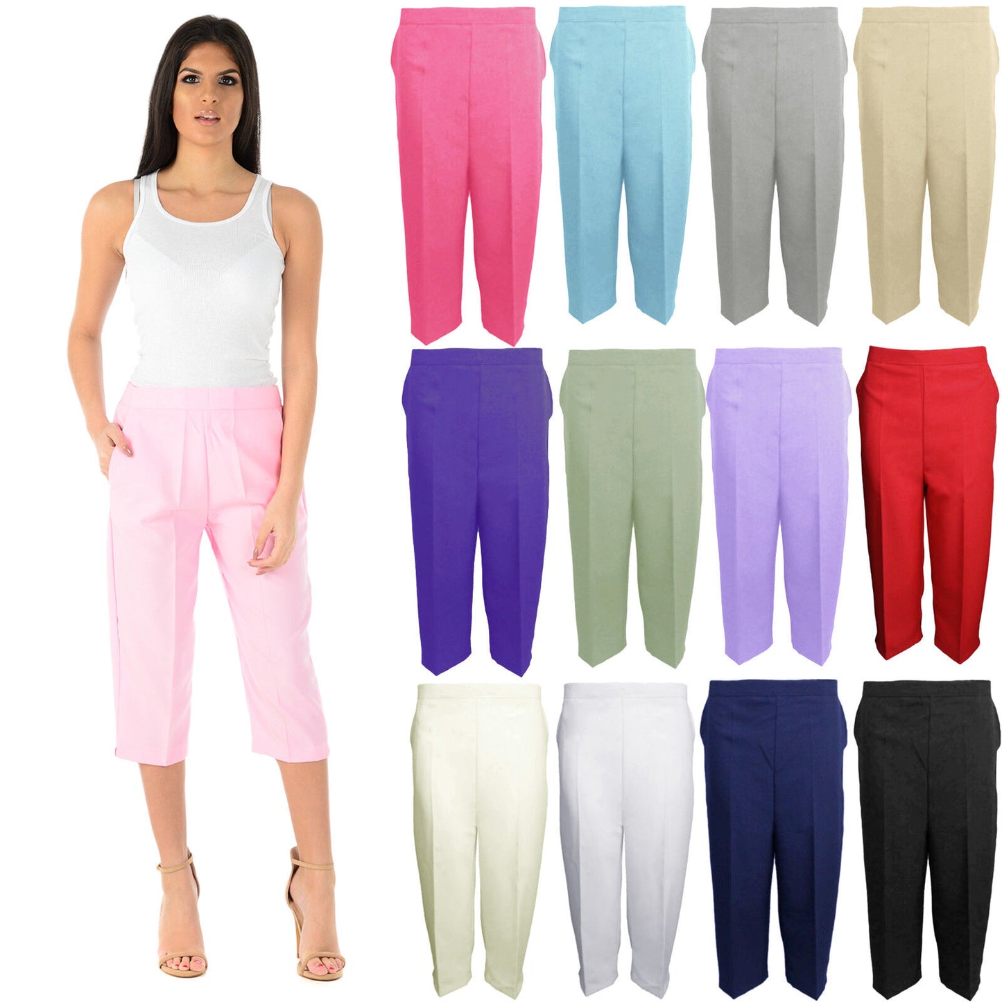 WOMENS 3/4 CAPRI TROUSERS SUMMER LIGHTWEIGHT CROPPED PANTS UK 10–24