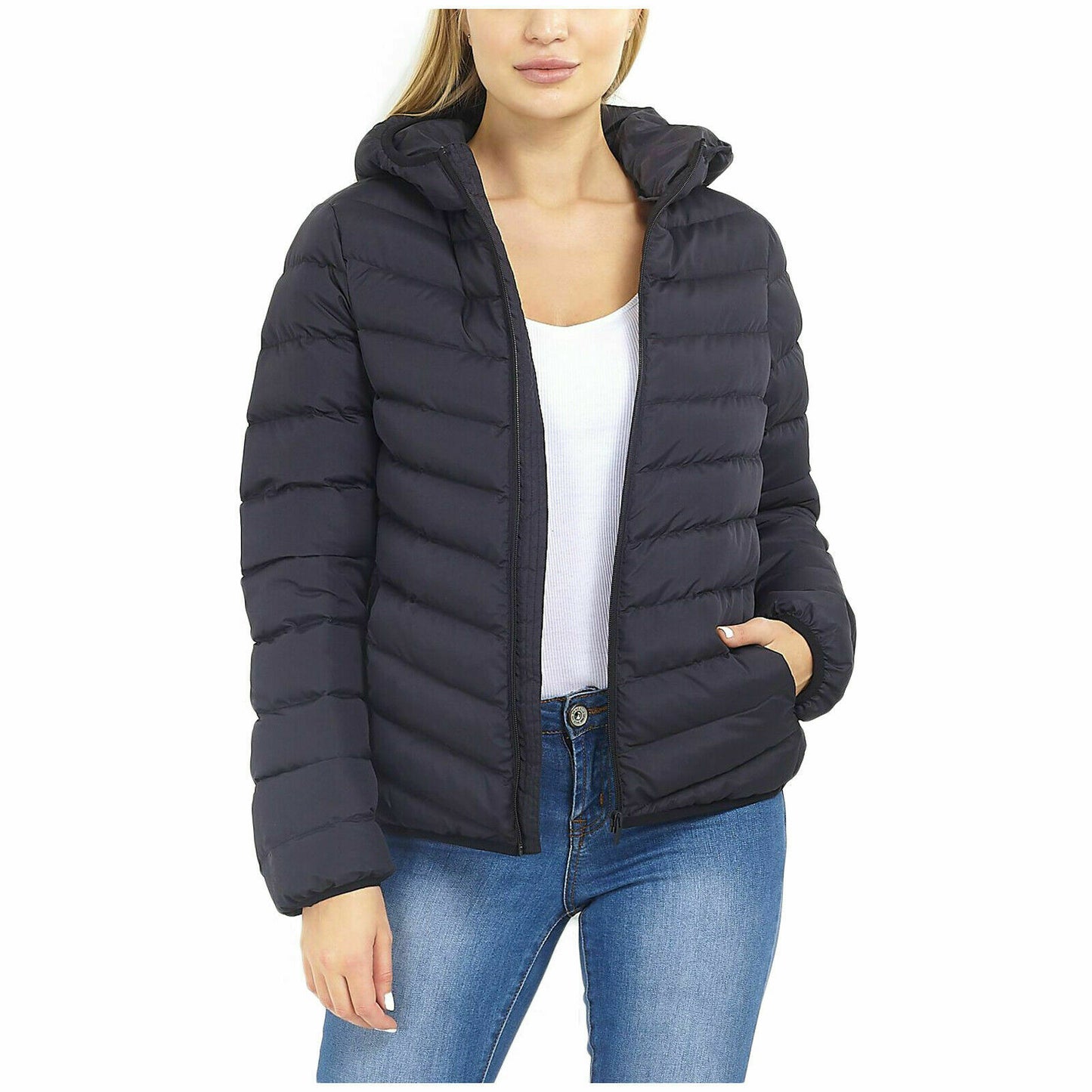 WOMENS PADDED PUFFER JACKET HOODED WINTER WARM POCKETS CASUAL PLAIN PARKA COAT