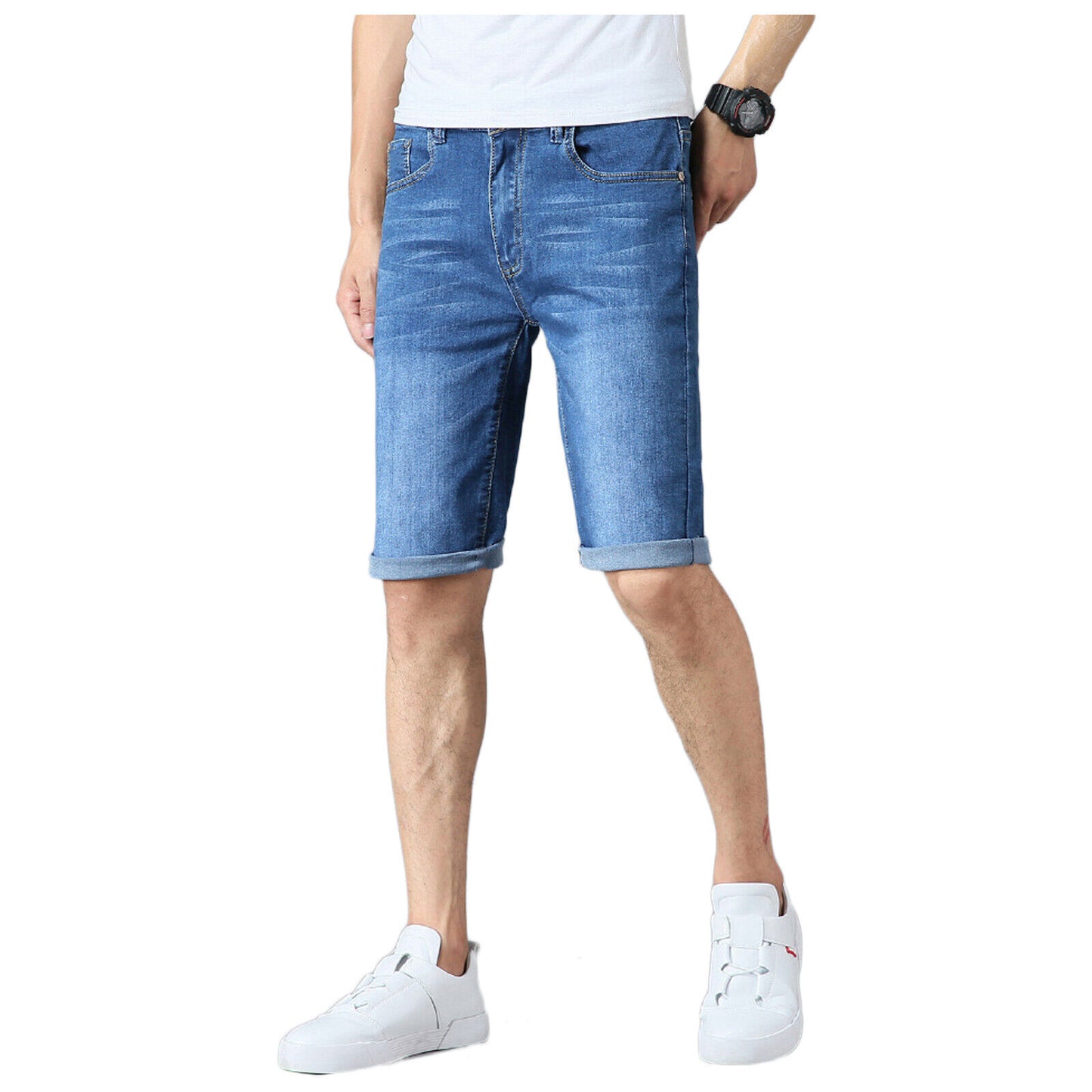 MENS DENIM SHORTS SLIM FIT CASUAL VINTAGE STRETCH HALF JEANS SUMMER SKINNY PANTS